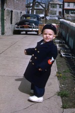 35mm Kodak Slide 1950s Red Border Kodachrome Toddler Pea Coat on City Sidewalk picture