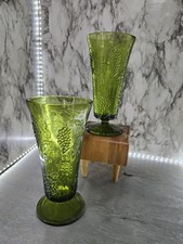 1970's Avocado Green Indiana Glass Grapevine Patterned Vases set of 2 picture