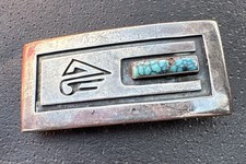 VINTAGE SOUTHWEST STERLING & Turquoise BELT BUCKLE  INDAIN HANDMADE STERLING 35G picture