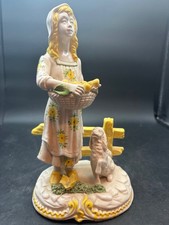 Vintage Italian Majolica Pottery Country Girl w/ Fruit Basket Standing by Fence picture
