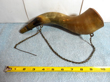 ANTIQUE 19th CENTURY GUN POWDER HORN BRASS MUZZLE LOADER - VALVE & CHAIN - Z-589 picture