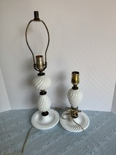 Vintage Milk Glass Swirl Vanity Lamp Set Graduated Pair Trinket Dish Base 50s picture