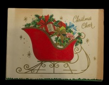 Vintage 1950's Christmas Card Red Velvet Sled  With Christmas Presents picture
