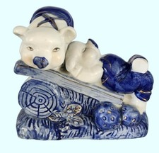 Porcelain Blue & White Pig Figurine Hand-Painted Farmhouse Kitch Decor picture
