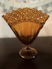Antique Tiffin US Glass #310 Open Work Amber Fan Vase Art Deco 1920s picture