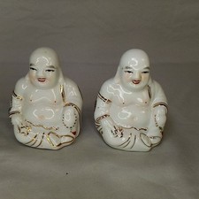 Lot Of Two Vintage Ceramic Seated Asian Buddha Figurines Statues Shou Longevity  picture