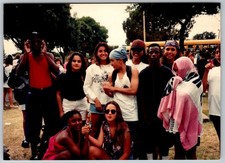 Vtg Color Snapshot Diverse Teens Group School Bus Park Bandanas 1990s picture