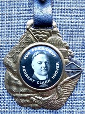 1924 Herbert C. Hoover Photo Cello On Brass Badge & Leather Watch Fob picture