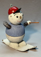 Vintage 1957 West Germany Paper Mache Snowman on Skis Candy Container picture