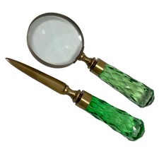 Brass and Glass Magnifier and Letter Opener Desk Set- Antique Vintage Style picture
