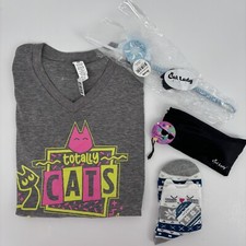 Cat Lady Box Lot Gray SS Tee Med Starry Snowflakes Toy w/Catnip Snow Kitty Socks picture