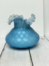 Victorian Blue Satin Diamond Quilted Ruffled Edges Hand Blown Vase  picture
