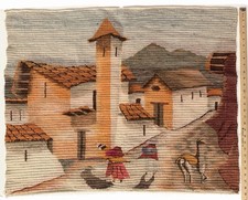 VTG Peru Andean Wool Woven Wall Tapestry Village Church Scene Large picture