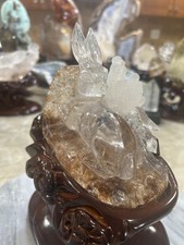 Natural clear Quartz  Rabbit carving with removable custom wood stand picture