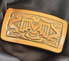 Vintage Hand-Tooled Leather Thunderbird Belt Buckle 3.5