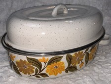 Enameled Roasting Pan 9x13 70’s Vintage Capri Harvest Blossom, Oval, Two Handled picture