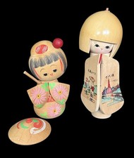 2 Vintage Japanese KOKESHI DOLLS Wooden Hand-Painted SIGNED as-is picture