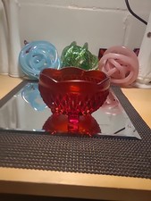 Vintage Indiana Diamond Point Bowl Three Toed Amber Red Glass Dish Flashed picture