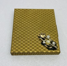 Vintage Saks Fifth Avenue Jeweled Rhinestone Flower Brass Mirror Make-Up Case C3 picture