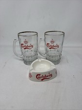 New Set of 2 Vintage Carlsberg Gold Rimmed Beer Mugs & Ashtray picture