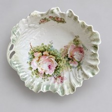 Antique PK Silesia Germany Pink Rose Porcelain Pierced Scalloped Bowl 7.5” picture