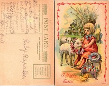 A Happy Easter Little girl, lambs, basket of colored eggs Postcards used 56408 picture