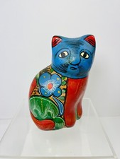 Vintage Mexican Pottery Talavera Bright Cat Figurine Folk Art Hand Painted picture