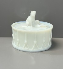 Portieux Vallerysthal Milk Glass Vintage Lidded Dish Cat On Drum *READ* picture
