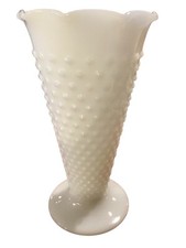 Vintage Milk Glass Hobnail and Bars White Glass Vase MCM 9.5” Tall picture