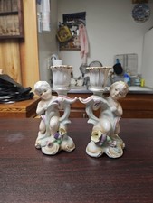 VTG Von Schierholz Handmade Pair Porcelain Cherub Candle Holders picture