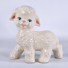 Vintage 1979 Ceramic Lamb Figurine Hand Painted Kitsch Nursery Decor 6 Inch picture