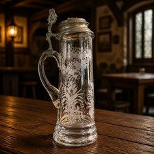 Rare 1890s Cut Crystal Beer Stein Pewter Lidded Pitcher W/ Frosted Engraving 12
