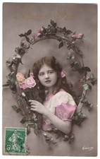 Young girl portrait roses 1913 German birthday rppc real photo postcard picture