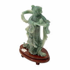 Chinese Green Jade Carved Stone Lady Figure Statue on Wooden Stand/Base picture