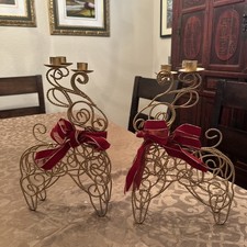 Vintage Gold Wire Reindeer Pair Candlestick Holders Red Bow Christmas Decor picture