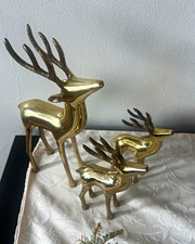 Vintage Solid Brass Deer Family Figurines - Set of 3 Reindeer Statues picture