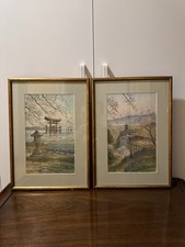 Pair Vintage 1900s Japanese Watercolors Signed Harumitsu Framed Kew Gallery NY picture