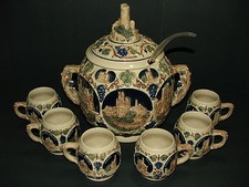 Antique Germany cover pottery stein looking juice tureen w/ 6 mugs/cups STUNNING picture
