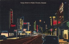 TORONTO ON CANADA - YONGE STREET AT NIGHT - NEON SIGNS - C1950 LINEN PC - 091426 picture