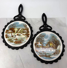 Vintage Currier & Ives Winter Trivets H & E Johnson England Set of 2 Farm Scenes picture