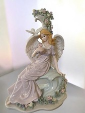 VTG O'Well Porcelain Figurine Angel Sitting on a Bench with a Dove Home Decor picture