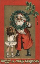 Tuck ~ Red Robe~Santa Claus with Wreath~Child  Antique Christmas Postcard-k751 picture