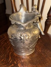 ANTIQUE CHARLES PERRON ART NOUVEAU NUDE LADY PEWTER PITCHER SWIMMERS & WILD MAN  picture
