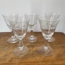 Set of 5 Vintage 1930’s Seneca Etched Crystal Footed Juice Tumblers Fern Wheat picture