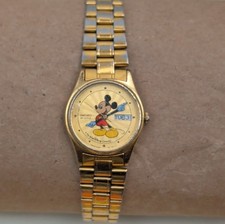 Vintage Seiko Disney Mickey Mouse Quartz Watch Day Date Gold Tone 2A23-0089 A3 picture