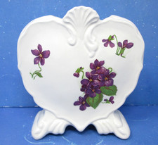 Vintage Ceramic Heart Shaped Vase Purple Violets Flowers 1950s Kitsch Planter picture