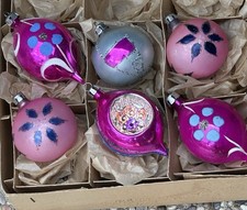 Vintage Fantasia Poland Pink Indent Reflector Floral Stencil Mica Glass Ornament picture