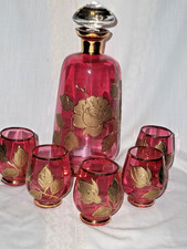 6PC MOSER   BOHEMIAN CRANBERRY  DECANTER SET 22 KT GOLD ENCRUSTED W/ FLOWERS picture