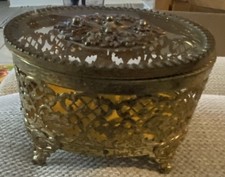 Vintage Gold Ormolu Filigree Large Oval Jewelry Trinket Vanity Box Flowers picture
