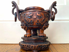 Vintage Chinese Carved Wood Ding Censer Urn Dragon Phoenix 8” picture